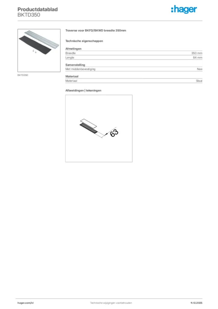 Afbeelding Hager Productdatablad BKTD350 | Hager Nederland