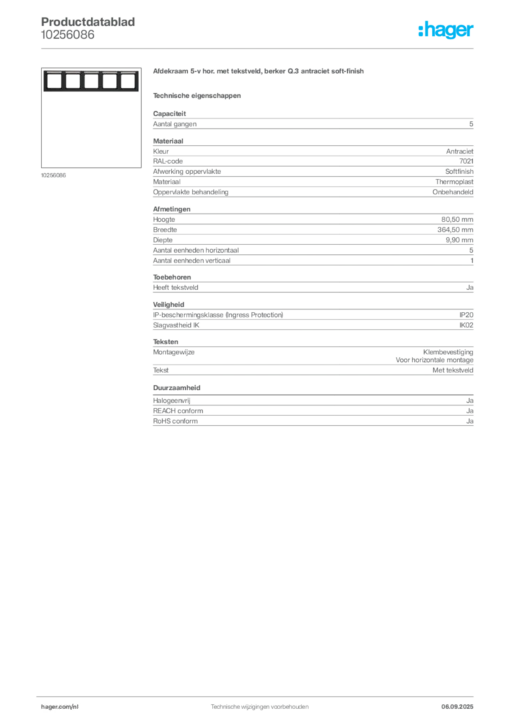Afbeelding Hager Productdatablad 10256086 | Hager Nederland