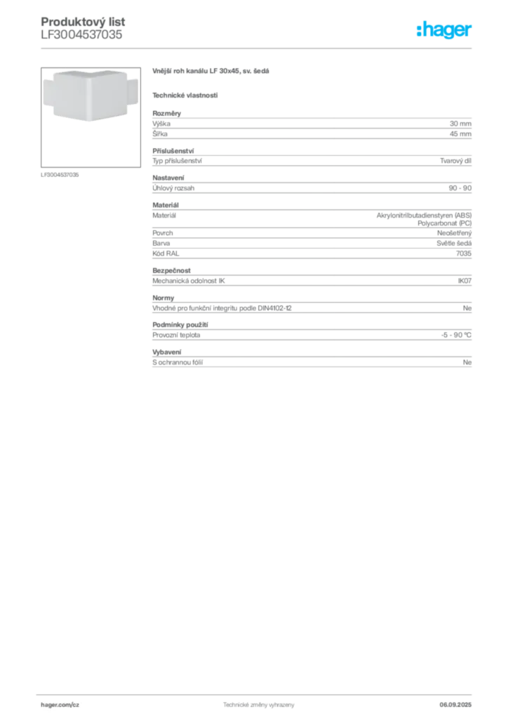 Obrázek Hager Produktový list LF3004537035 | Hager