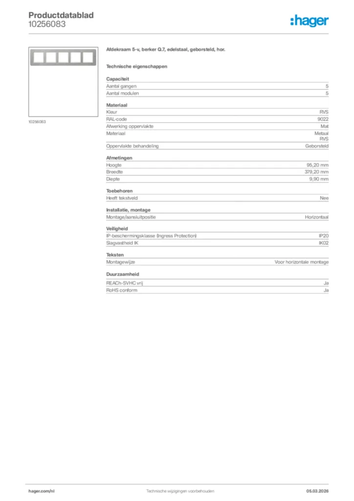 Afbeelding Hager Productdatablad 10256083 | Hager Nederland