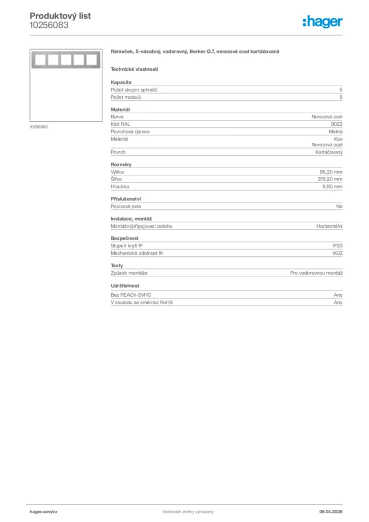 Obrázek Hager Product data sheet 10256083 | Hager