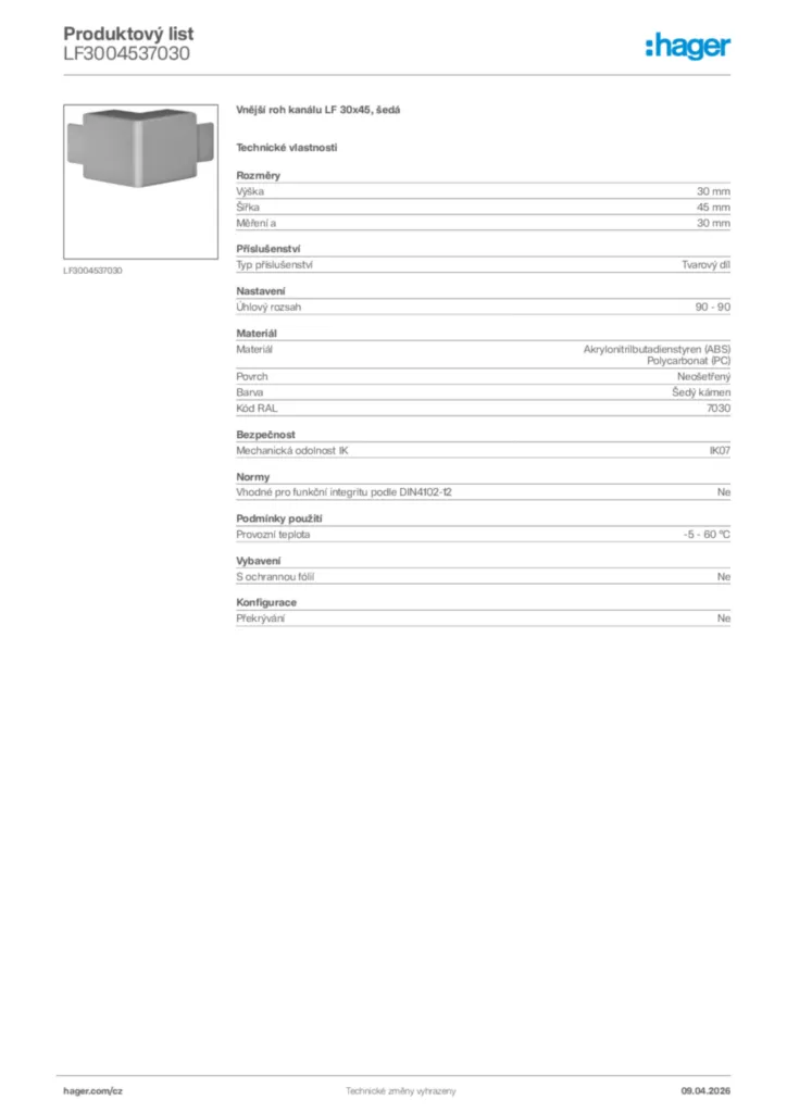 Obrázek Hager Product data sheet LF3004537030 | Hager
