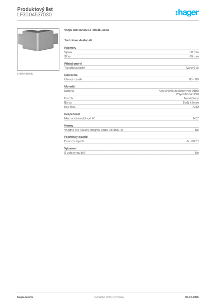 Obrázek Hager Produktový list LF3004537030 | Hager