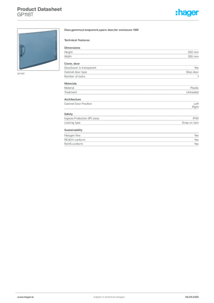 Image Hager Product data sheet GP118T  | Hager