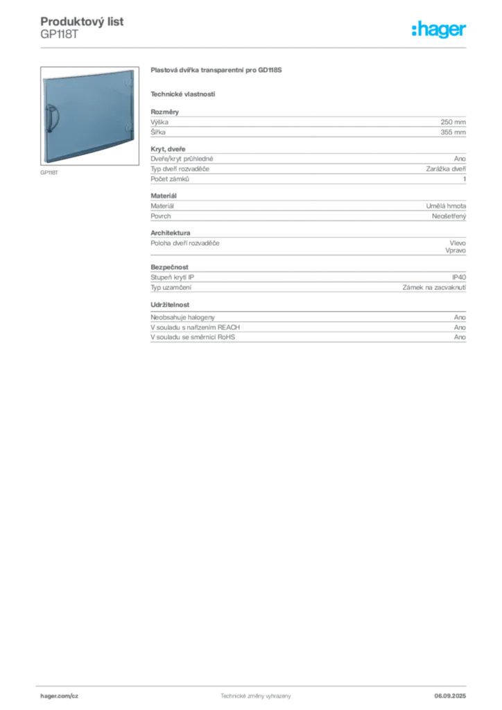 Obrázek Hager Produktový list GP118T | Hager