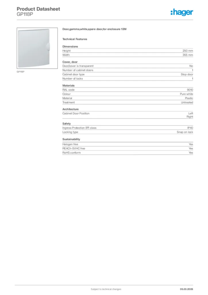 Image Hager Product data sheet GP118P  | Hager Africa