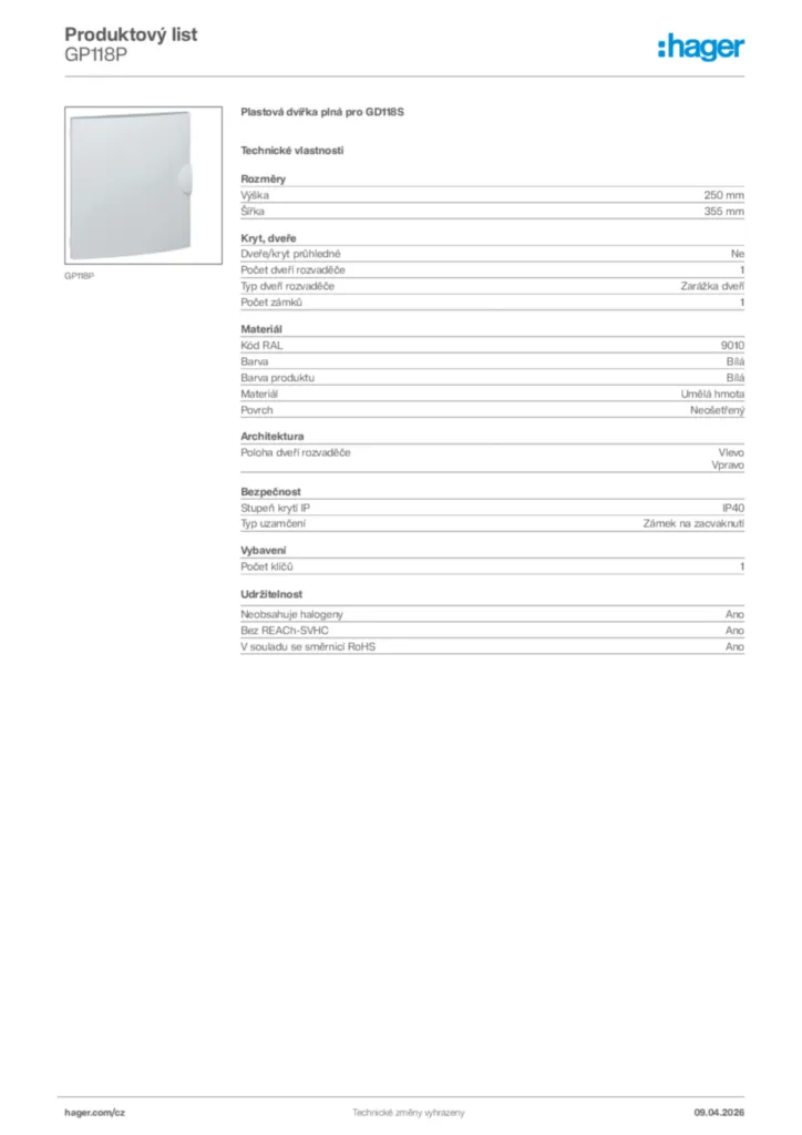 Obrázek Hager Product data sheet GP118P | Hager