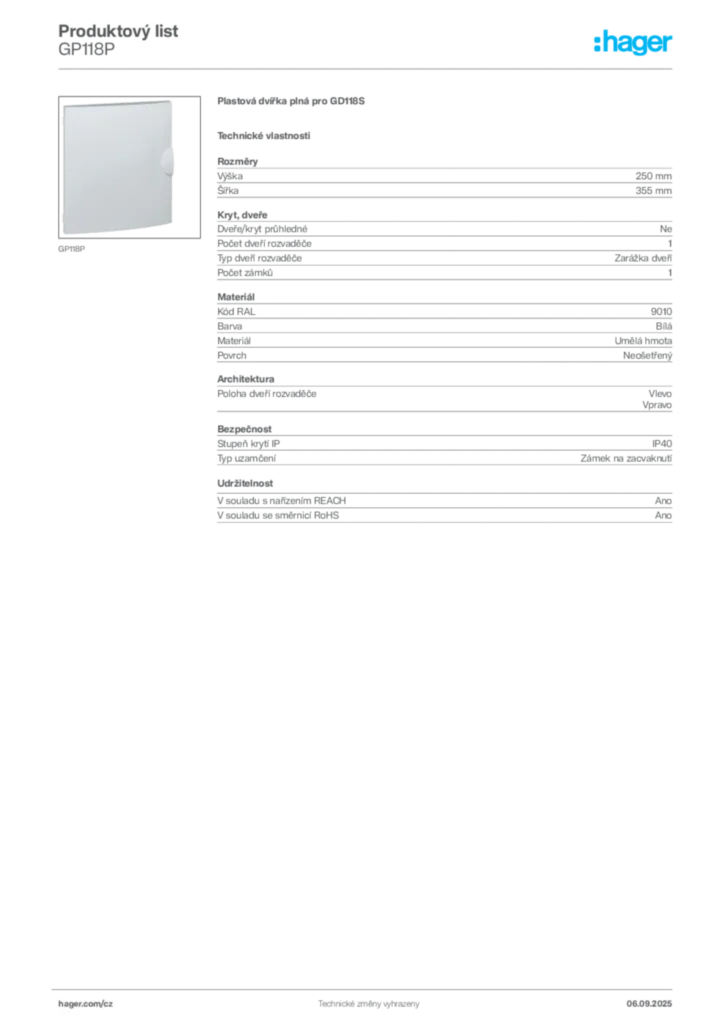 Obrázek Hager Produktový list GP118P | Hager