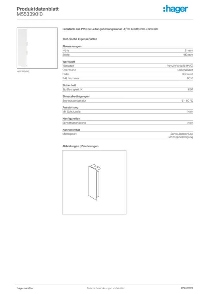 Bild Hager Produktdatenblatt M55339010 | Hager Deutschland