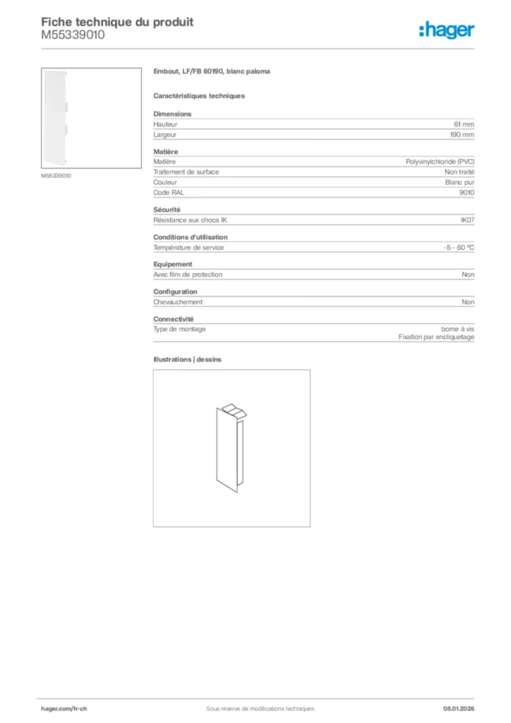 Image Hager Fiche technique du produit M55339010 | Hager Suisse