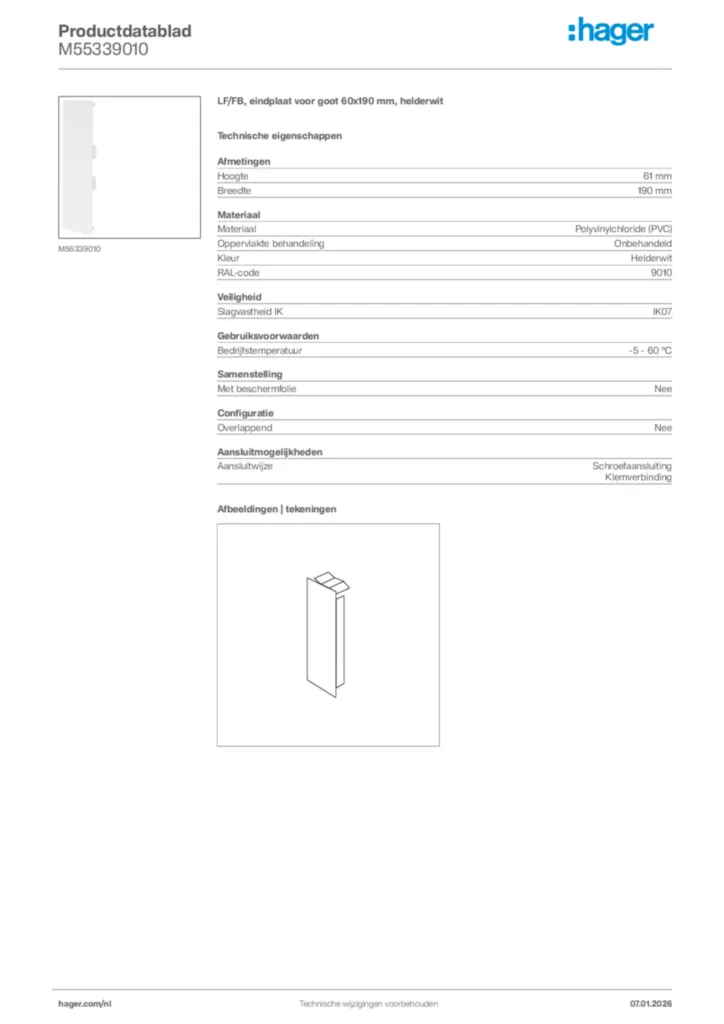 Afbeelding Hager Productdatablad M55339010 | Hager Nederland