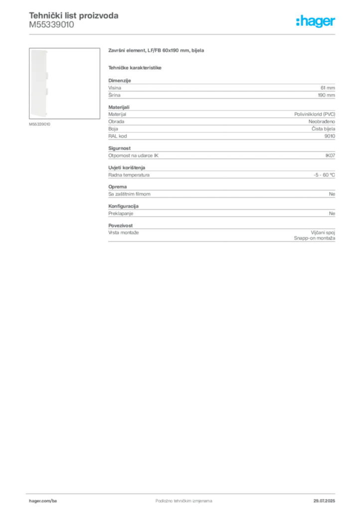 Slika Hager Product data sheet M55339010  | Hager