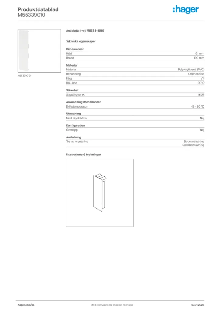 Bild Hager Produktdatablad M55339010 | Hager Sverige