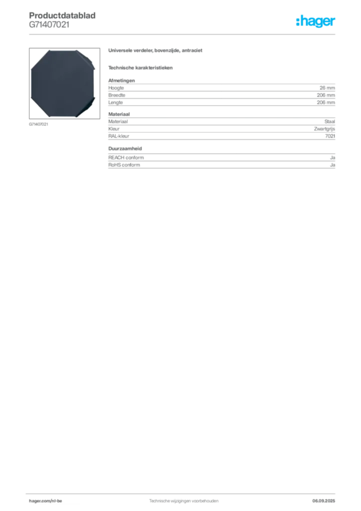 Afbeelding Hager Productdatablad G71407021 | Hager Belgium