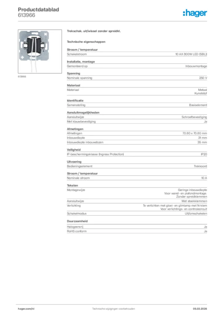 Afbeelding Hager Productdatablad 613966 | Hager Nederland