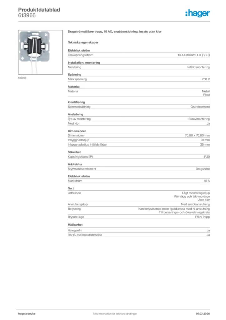 Bild Hager Produktdatablad 613966 | Hager Sverige