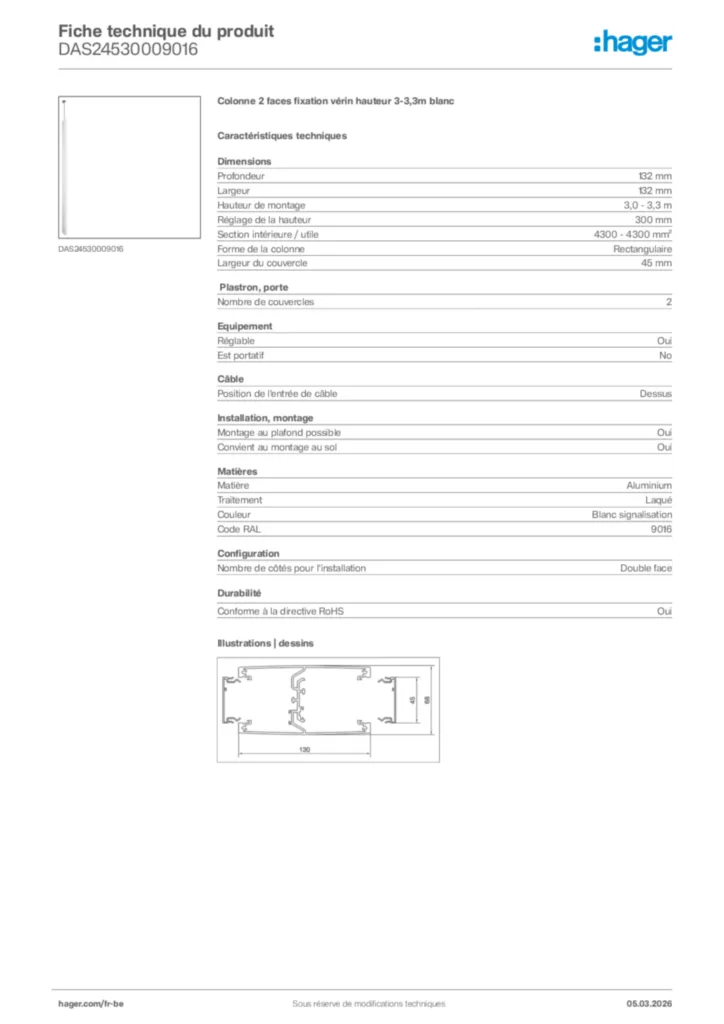 Image Hager Fiche technique du produit DAS24530009016 | Hager Belgique
