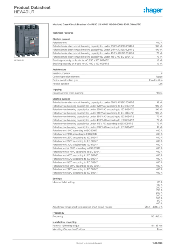 Image Hager Product data sheet HEW401JR  | Hager Africa