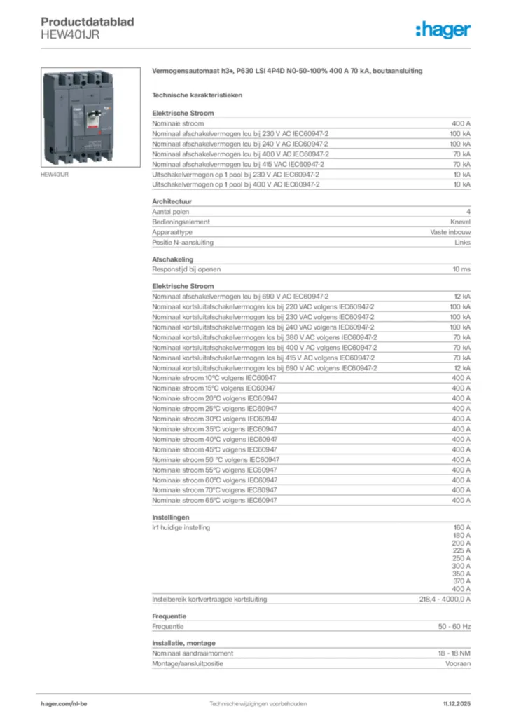 Afbeelding Hager Productdatablad HEW401JR | Hager Belgium