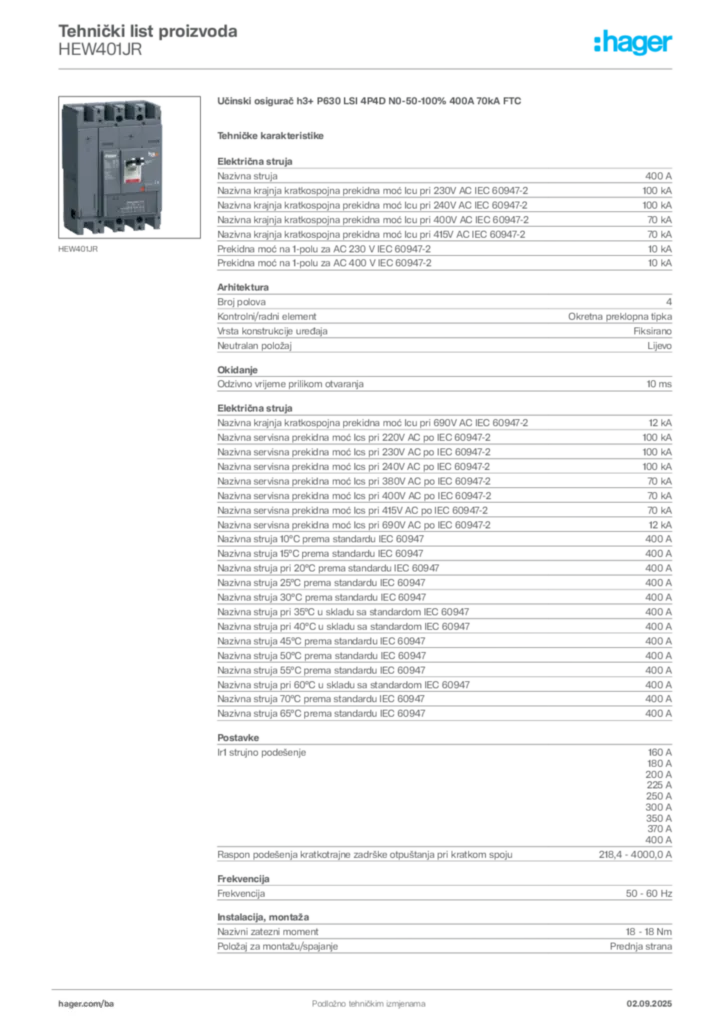 Slika Hager Tehnički list proizvoda HEW401JR  | Hager