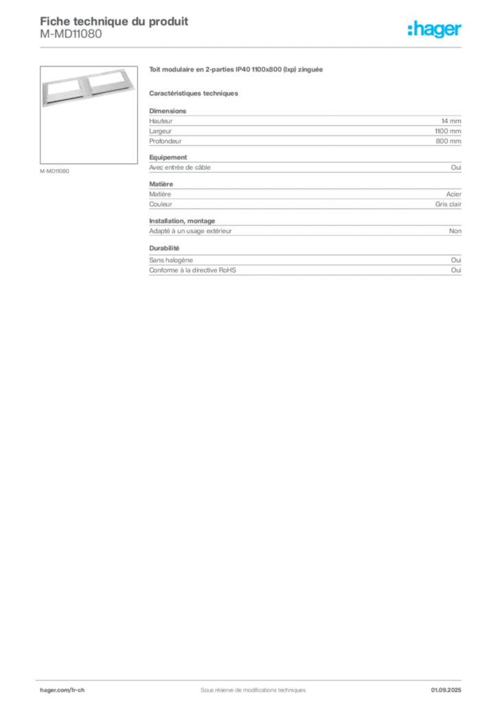 Image Hager Fiche technique du produit M-MD11080 | Hager Suisse