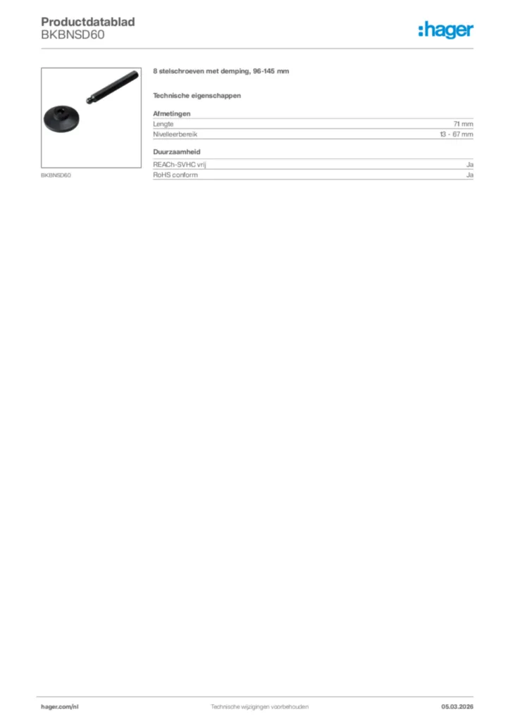 Afbeelding Hager Productdatablad BKBNSD60 | Hager Nederland