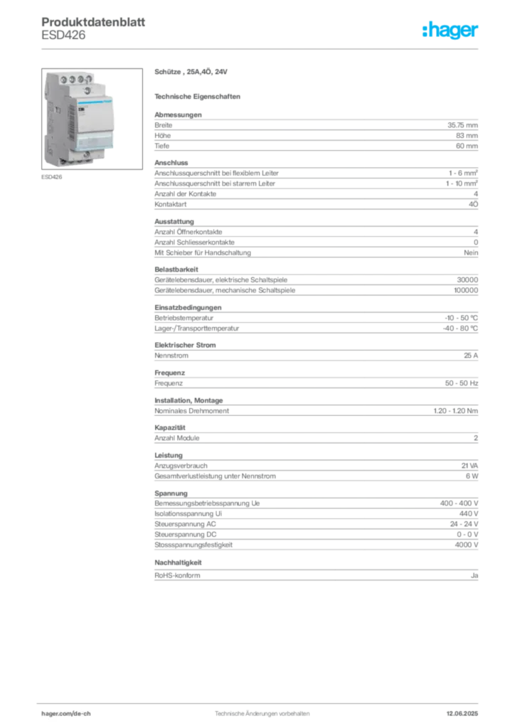 Bild Hager Produktdatenblatt ESD426 | Hager Schweiz