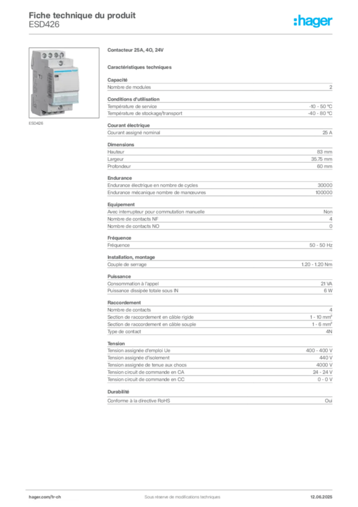 Image Hager Fiche technique du produit ESD426 | Hager Suisse