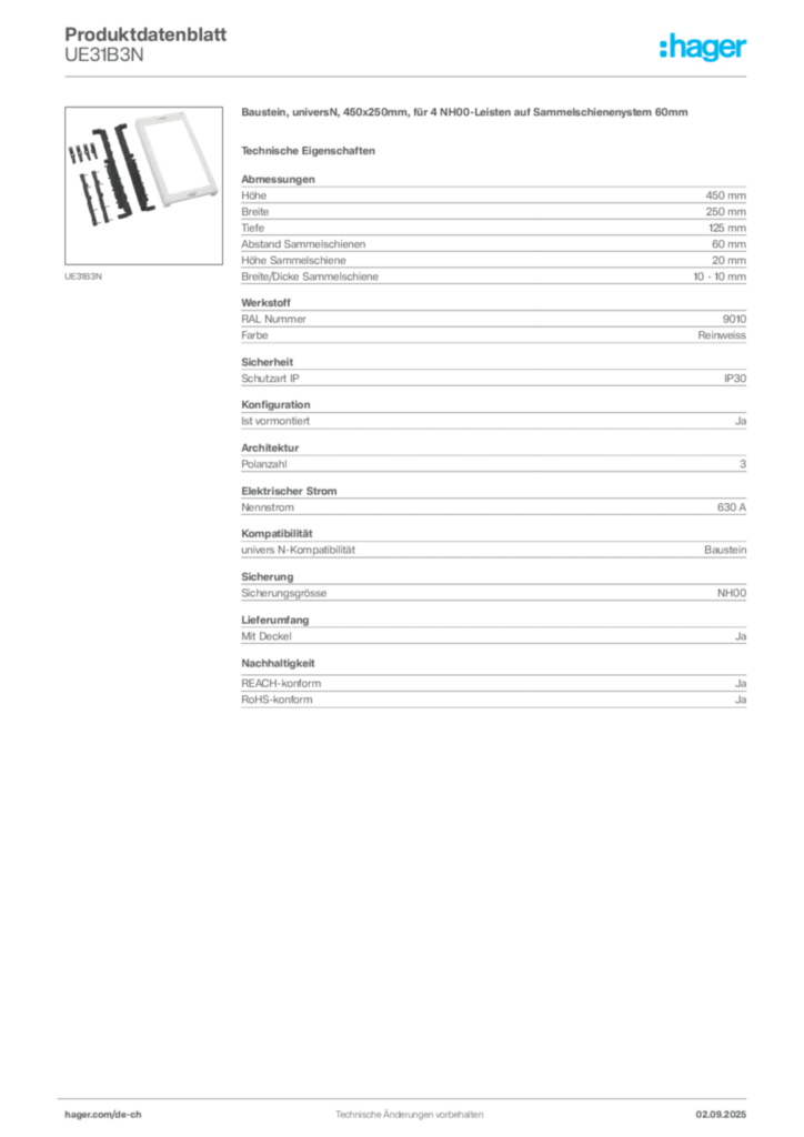 Bild Hager Produktdatenblatt UE31B3N | Hager Schweiz
