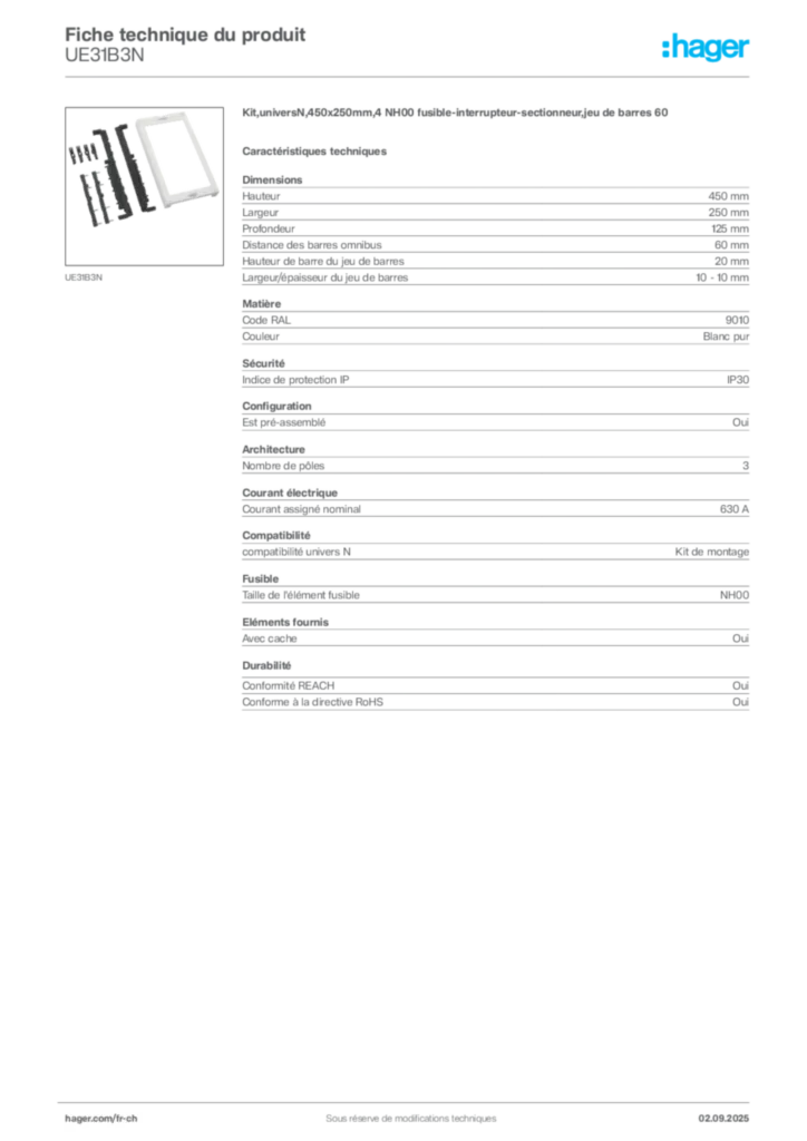 Image Hager Fiche technique du produit UE31B3N | Hager Suisse
