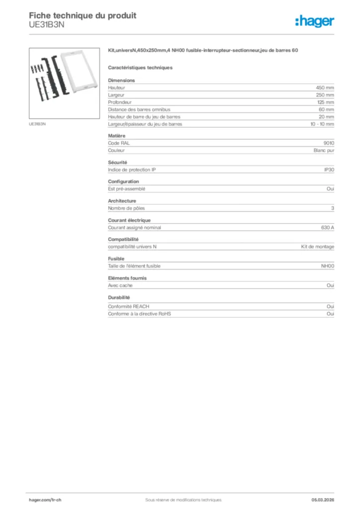 Image Hager Fiche technique du produit UE31B3N | Hager Suisse