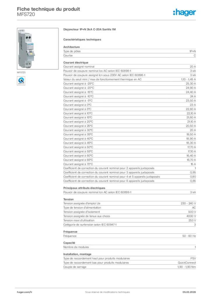 Image Hager Fiche technique du produit MFS720 | Hager France
