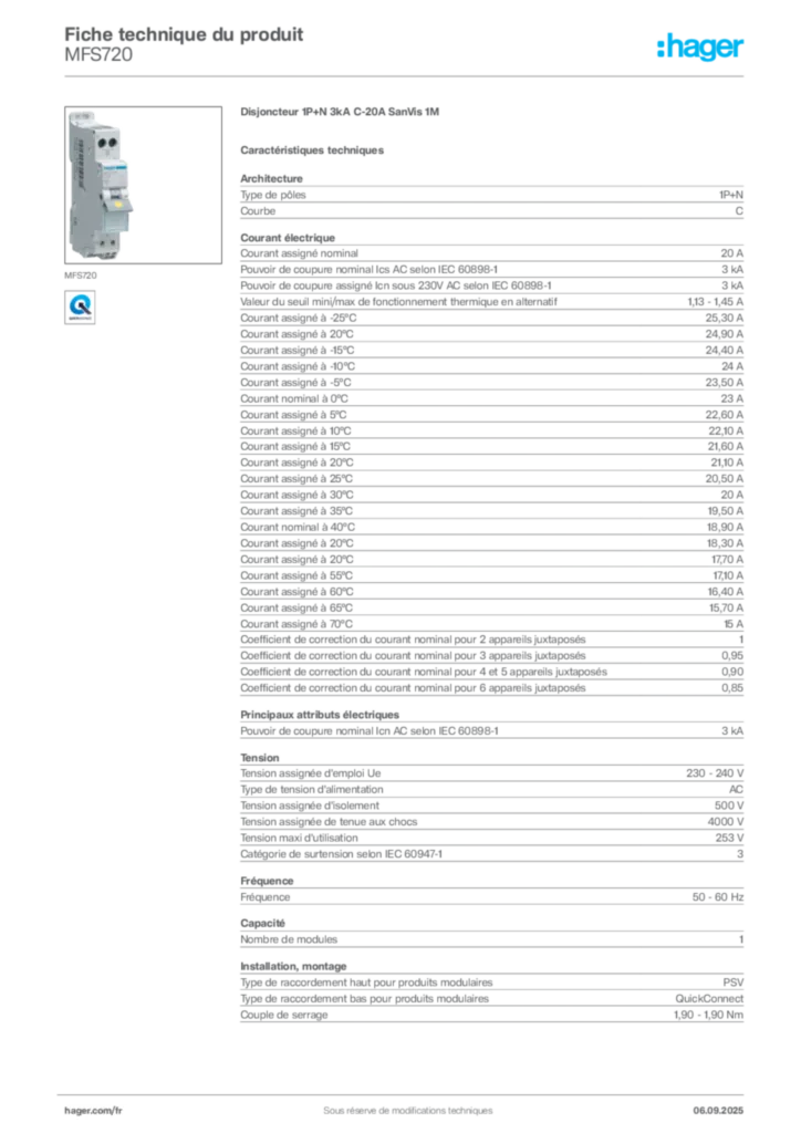 Image Hager Fiche technique du produit MFS720 | Hager France