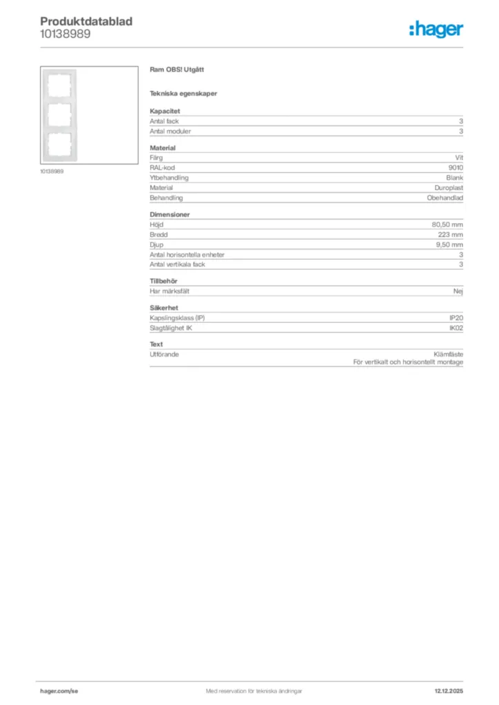 Bild Hager Produktdatablad 10138989 | Hager Sverige