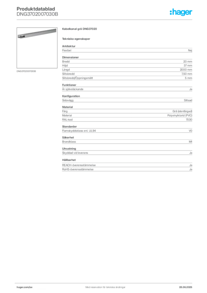 Bild Hager Produktdatablad DNG3702007030B | Hager Sverige