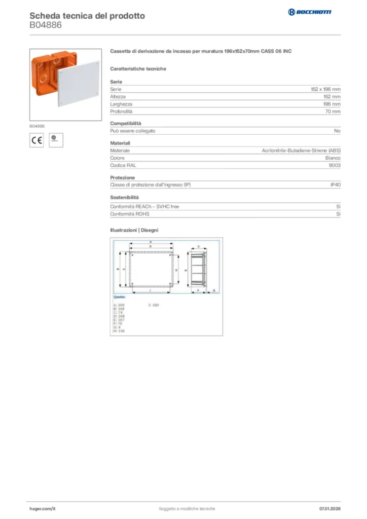 Immagine Bocchiotti Scheda tecnica del prodotto B04886 | Hager Italia