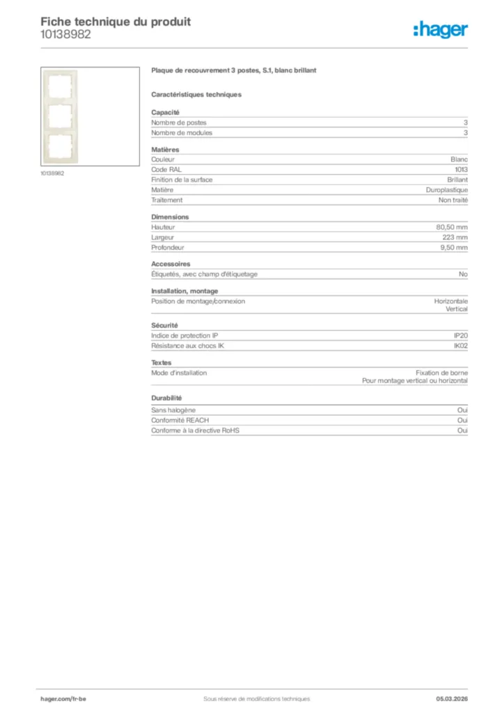 Image Hager Fiche technique du produit 10138982 | Hager Belgique