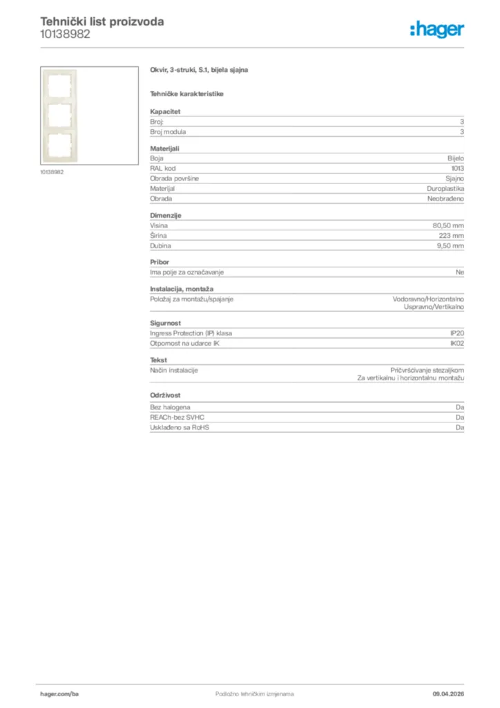 Slika Hager Tehnički list proizvoda 10138982  | Hager