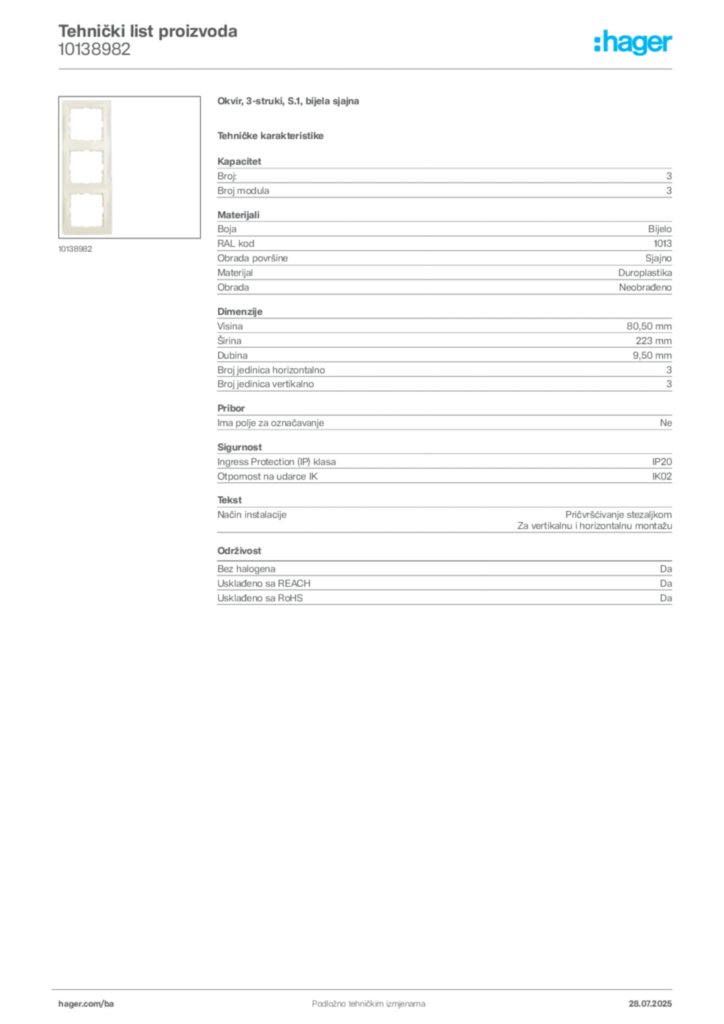Slika Hager Product data sheet 10138982  | Hager