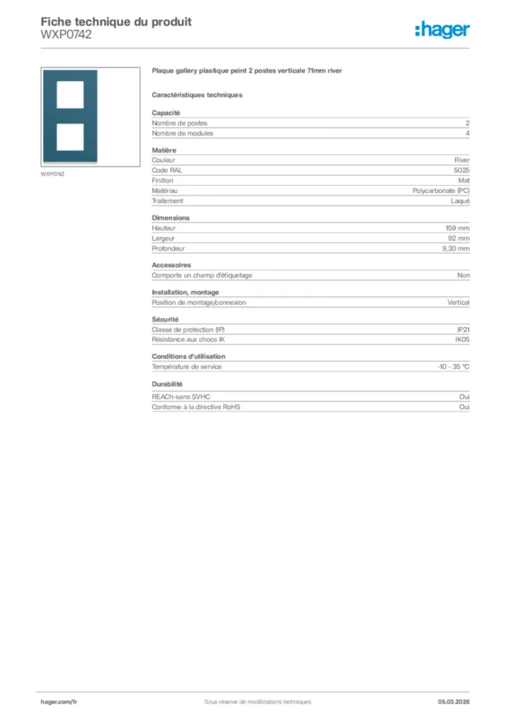 Image Hager Fiche technique du produit WXP0742 | Hager France