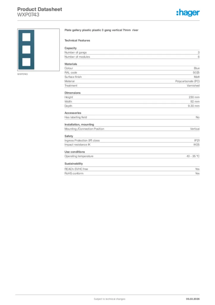 Image Hager Product data sheet WXP0743  | Hager Africa