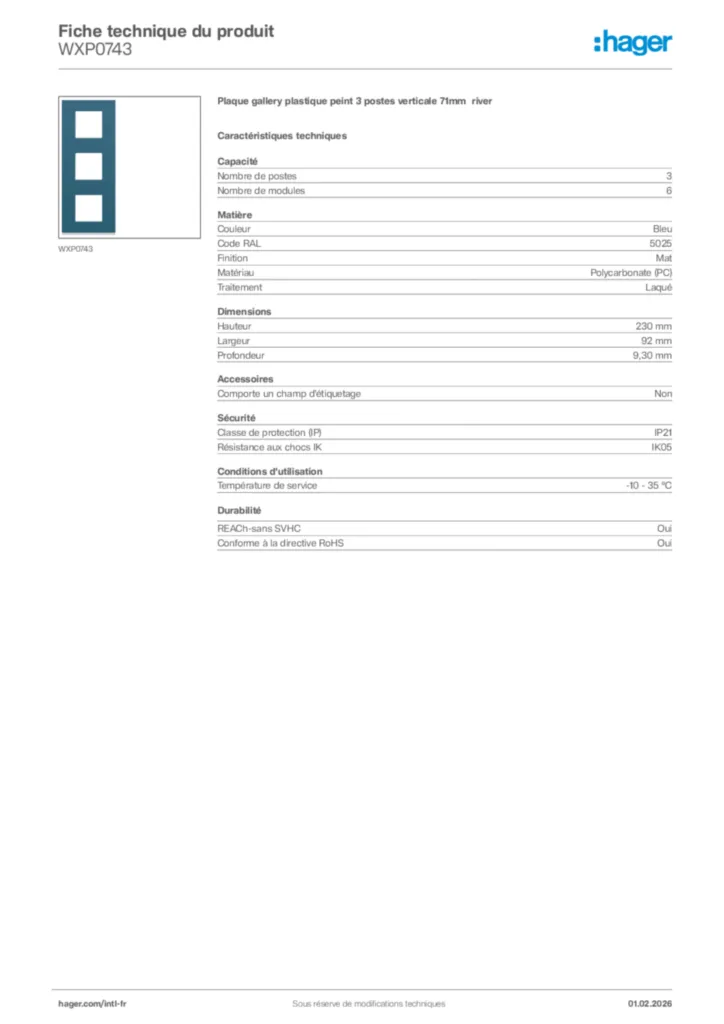 Image Hager Fiche technique du produit WXP0743 | Hager Afrique