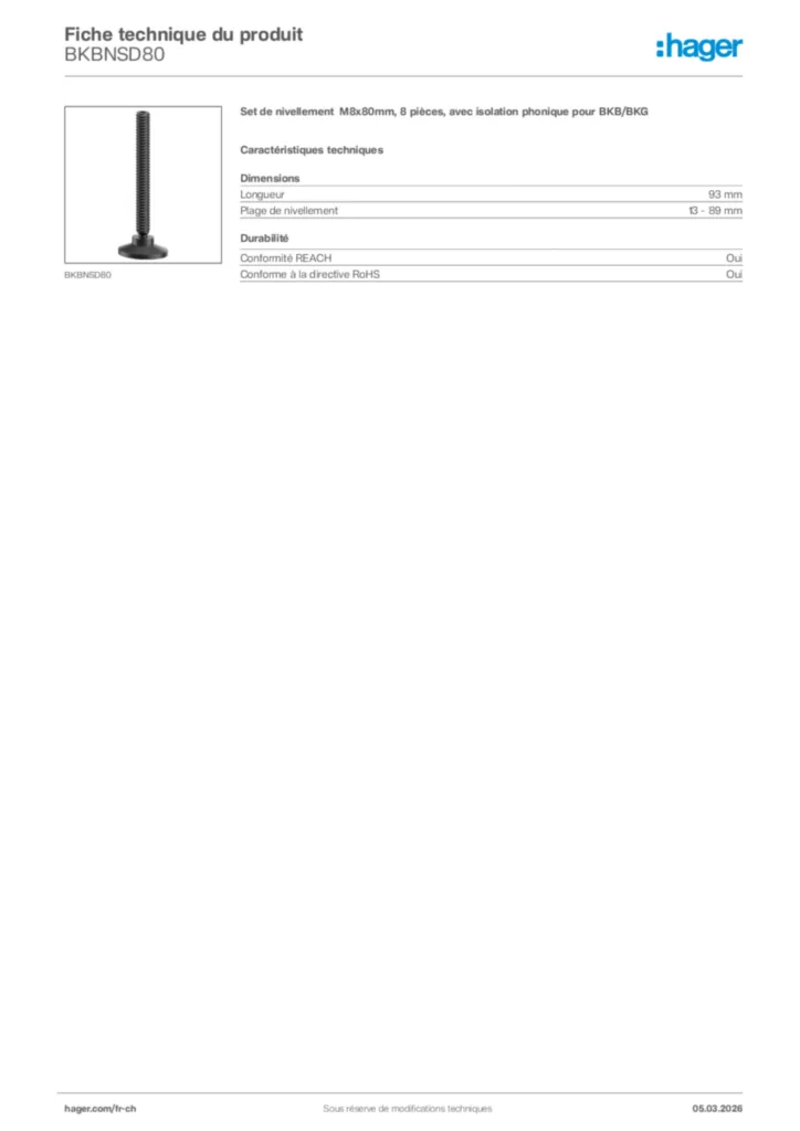 Image Hager Fiche technique du produit BKBNSD80 | Hager Suisse