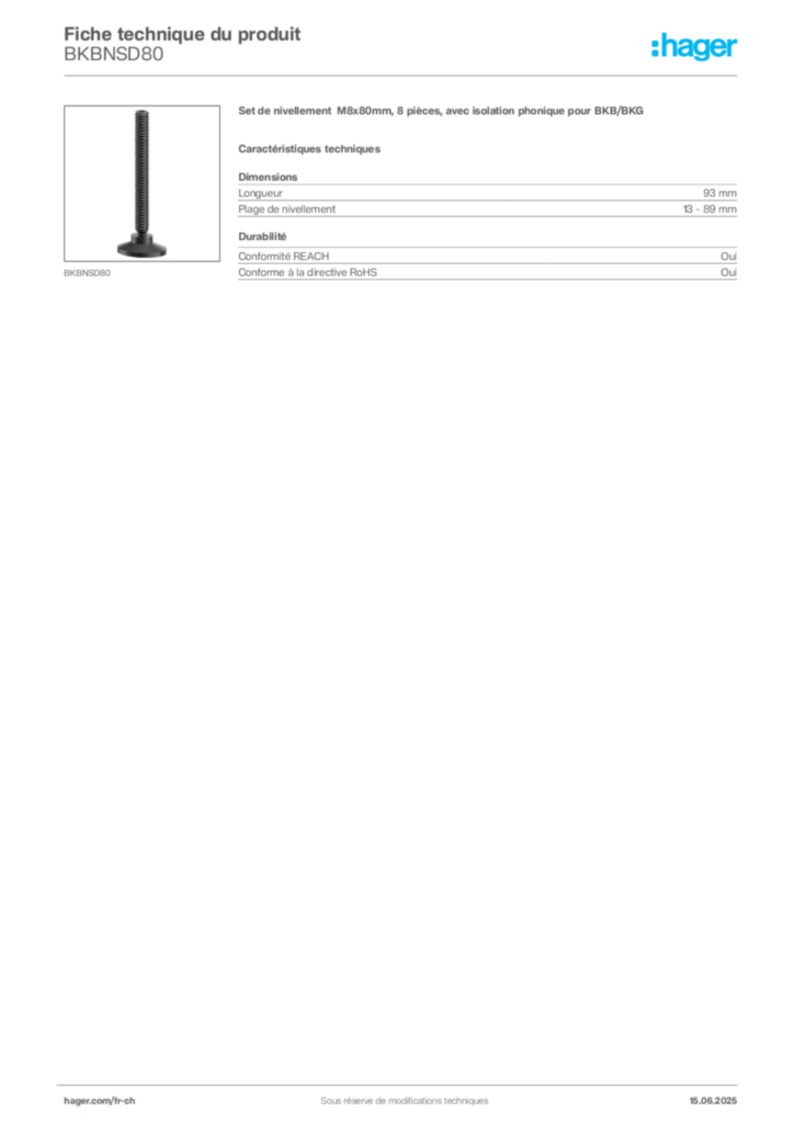 Image Hager Fiche technique du produit BKBNSD80 | Hager Suisse