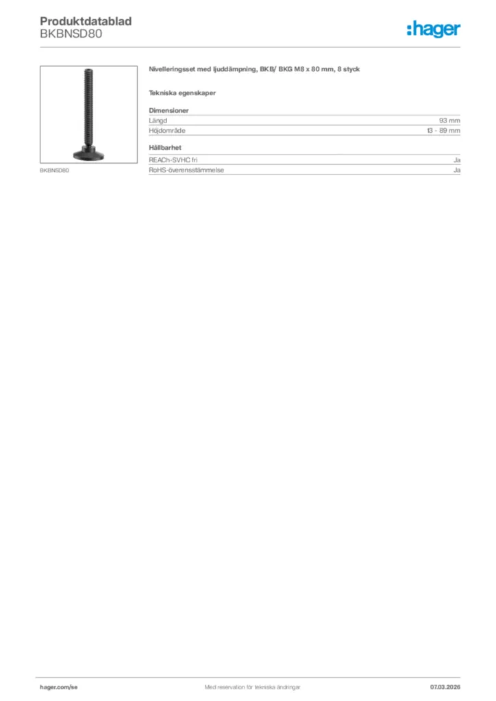 Bild Hager Produktdatablad BKBNSD80 | Hager Sverige