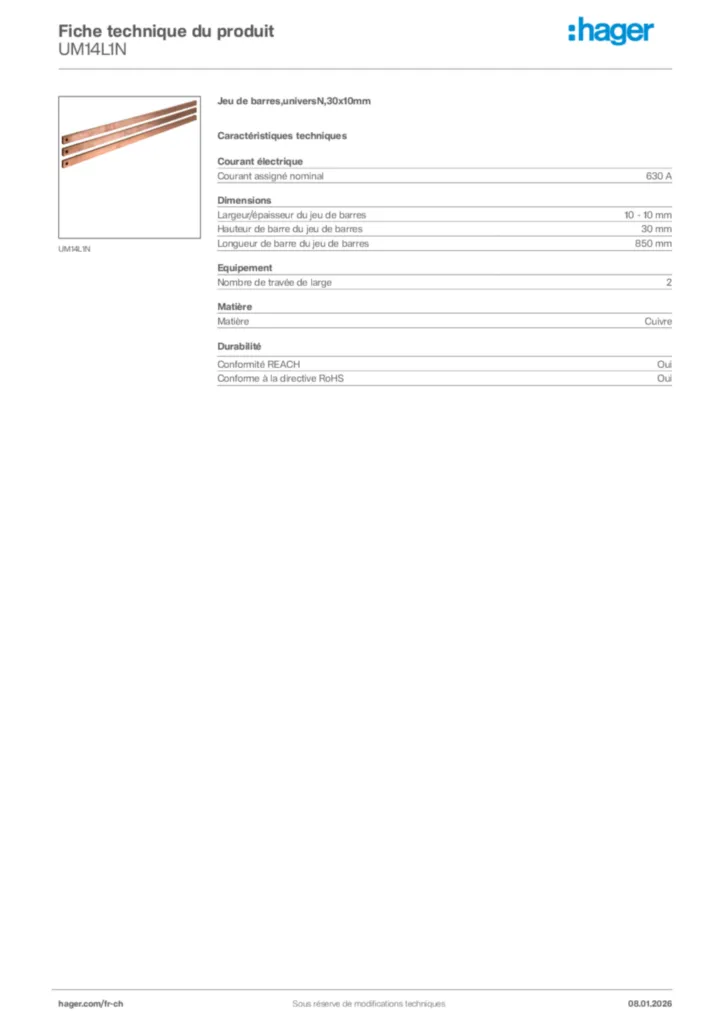 Image Hager Fiche technique du produit UM14L1N | Hager Suisse