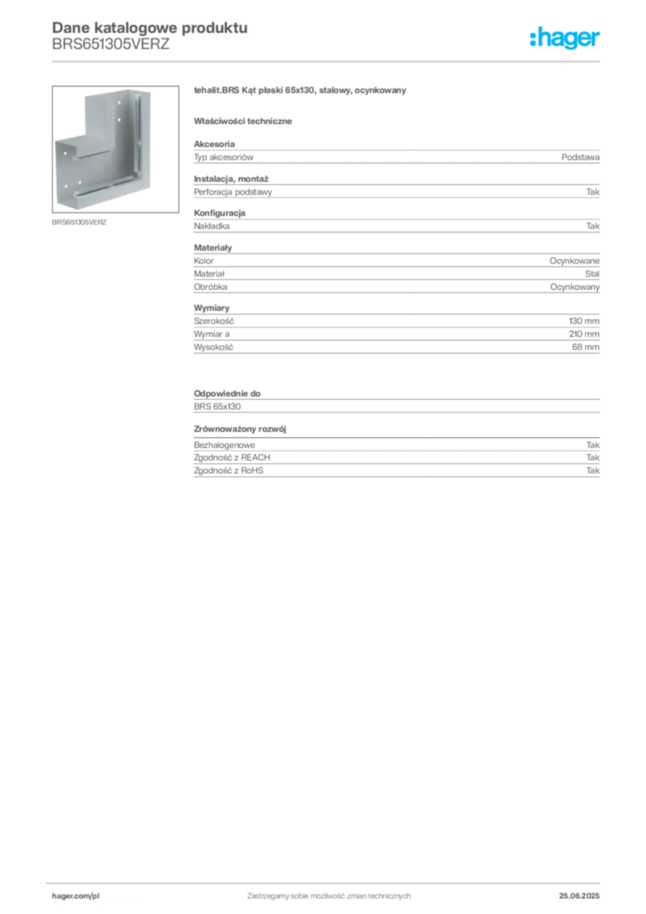 Zdjęcie Hager Karta katalogowa BRS651305VERZ | Hager Polska