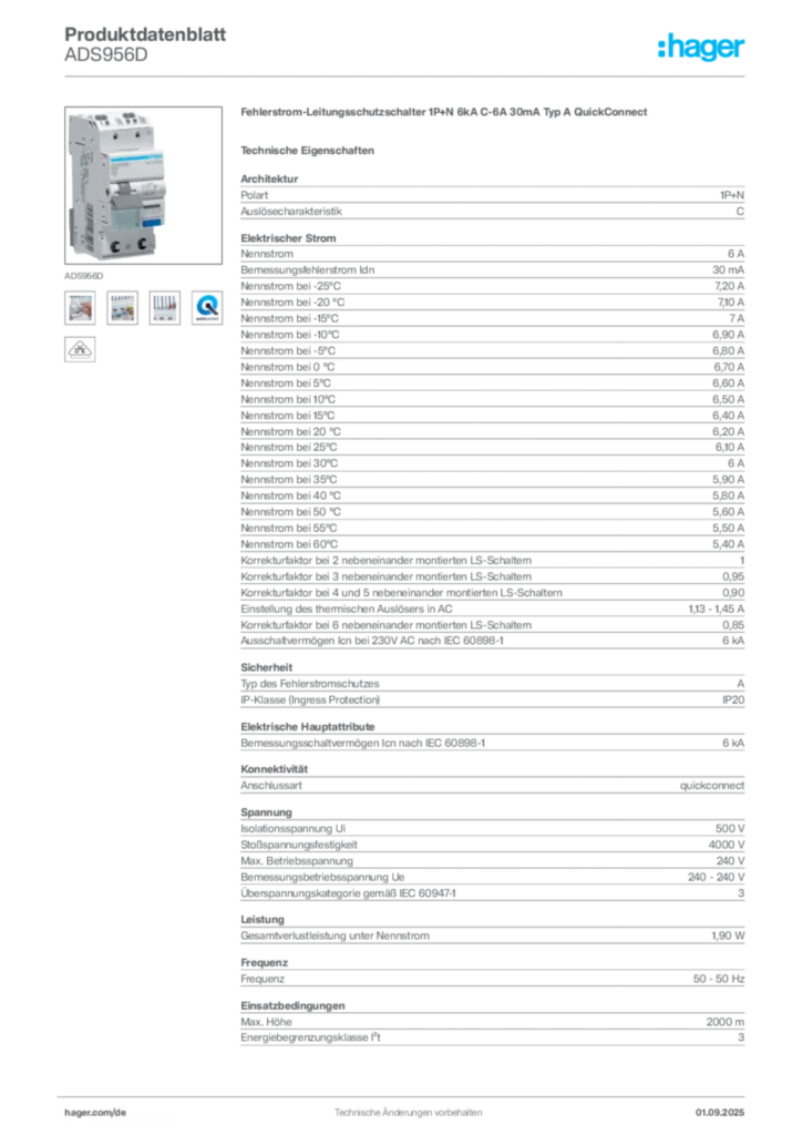 Hager Produktdatenblatt ADS956D
