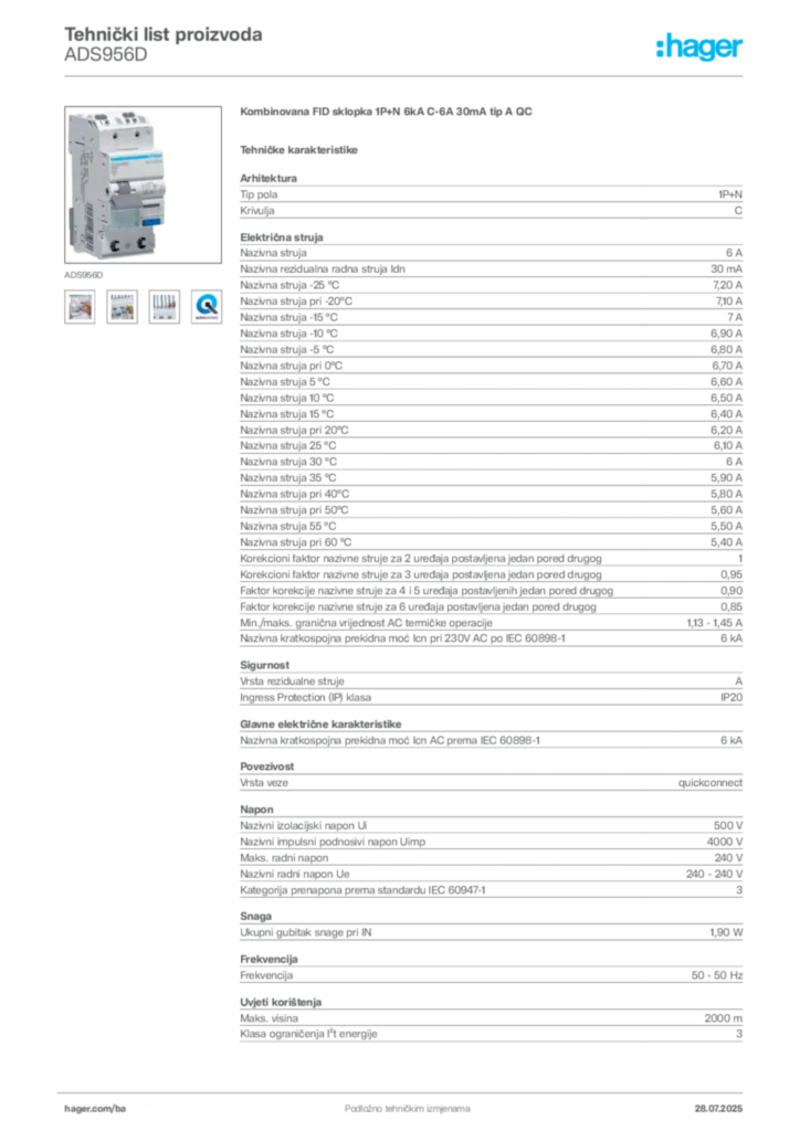 Slika Hager Product data sheet ADS956D  | Hager