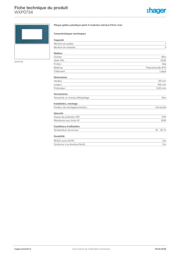 Image Hager Fiche technique du produit WXP0734 | Hager Afrique